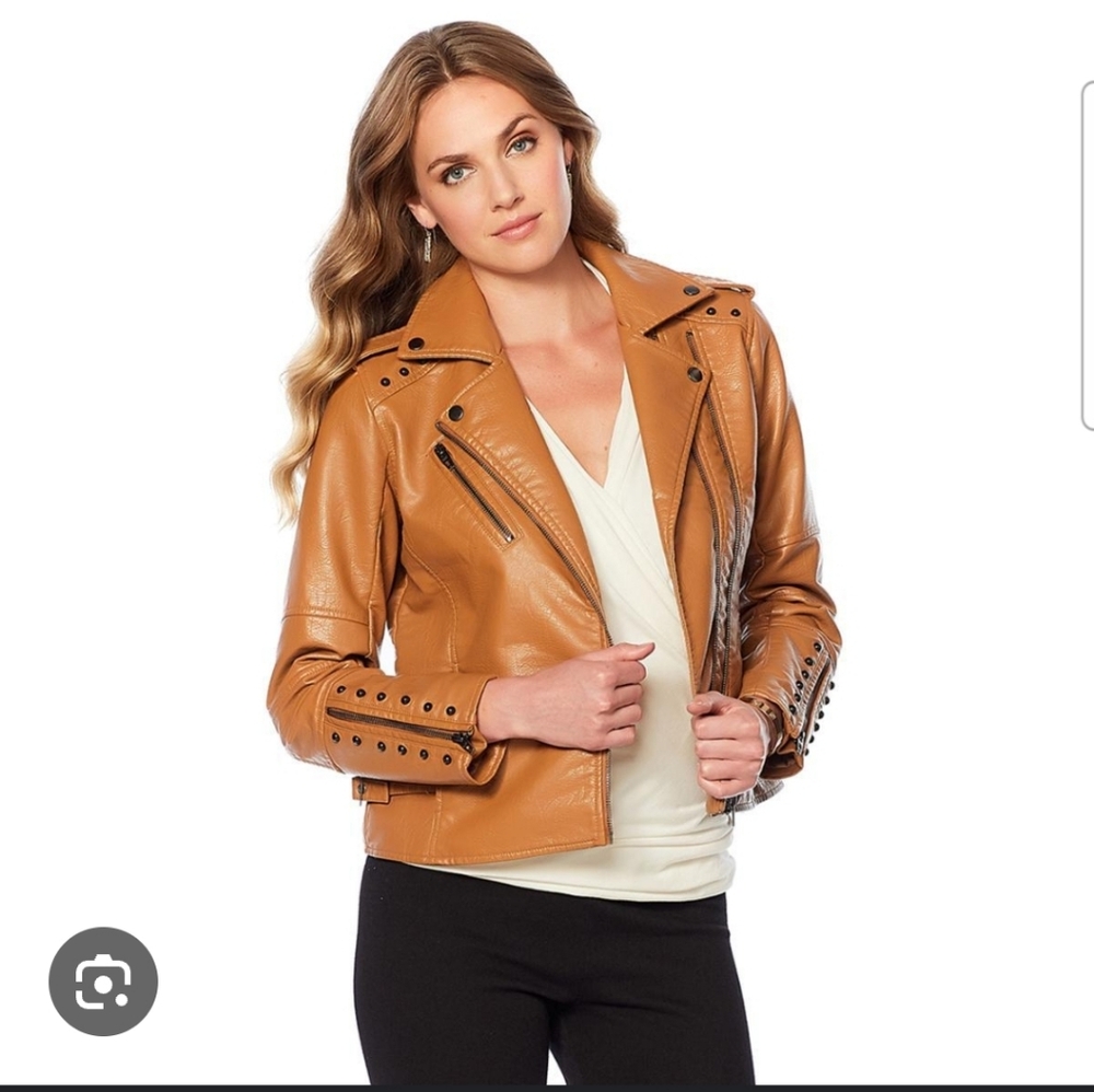 Colleen Lopez Polyurethane Jacket with Stud Accents Brown Size L Exellent - Picture 1 of 11